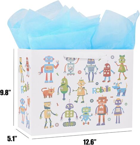 حقيبة هدايا كبيرة من ysmile مع مناديل تغليف للطفل الصبي، عيد ميلاد سعيد للأطفال مقاس 12.6 بوصة لحديثي الولادة - روبوت كرتوني in Kuwait