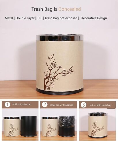Luxury Metal Waste Bin,Open Top Office Wastebasket,Double Layer Trash Can,Round Shaped (Black Lacquer w/o Leather) in Saudi Arabia