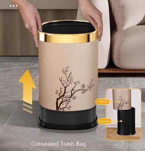 Luxury Metal Waste Bin,Open Top Office Wastebasket,Double Layer Trash Can,Round Shaped (Black Lacquer w/o Leather) in Saudi Arabia