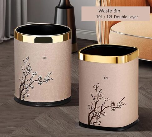 Luxury Metal Waste Bin,Open Top Office Wastebasket,Double Layer Trash Can,Round Shaped (Black Lacquer w/o Leather) in Saudi Arabia