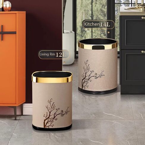 Luxury Metal Waste Bin,Open Top Office Wastebasket,Double Layer Trash Can,Round Shaped (Black Lacquer w/o Leather) in Saudi Arabia
