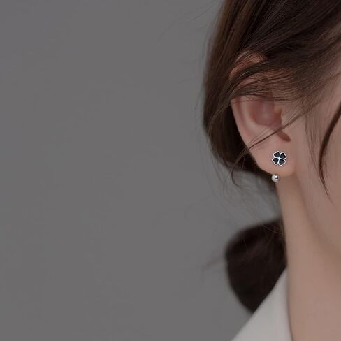 20G Four Leaf Clover Half Hoop Earrings 925 Sterling Silver Cartilage Screw Back Ball Tiny Studs Black Enamel Love Heart Flower Dangle Drop Helix Earring Cute Lucky Jewelry for Women Teen Girls Gifts Hypoallergenic in Saudi Arabia