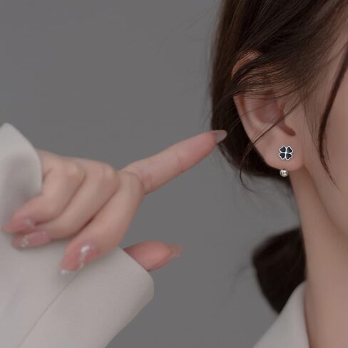 20G Four Leaf Clover Half Hoop Earrings 925 Sterling Silver Cartilage Screw Back Ball Tiny Studs Black Enamel Love Heart Flower Dangle Drop Helix Earring Cute Lucky Jewelry for Women Teen Girls Gifts Hypoallergenic in Saudi Arabia
