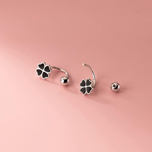 20G Four Leaf Clover Half Hoop Earrings 925 Sterling Silver Cartilage Screw Back Ball Tiny Studs Black Enamel Love Heart Flower Dangle Drop Helix Earring Cute Lucky Jewelry for Women Teen Girls Gifts Hypoallergenic in Saudi Arabia