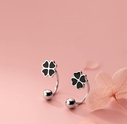 20G Four Leaf Clover Half Hoop Earrings 925 Sterling Silver Cartilage Screw Back Ball Tiny Studs Black Enamel Love Heart Flower Dangle Drop Helix Earring Cute Lucky Jewelry for Women Teen Girls Gifts Hypoallergenic in Saudi Arabia