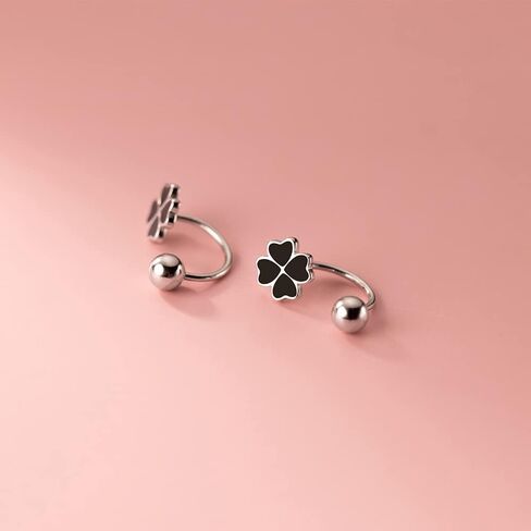 20G Four Leaf Clover Half Hoop Earrings 925 Sterling Silver Cartilage Screw Back Ball Tiny Studs Black Enamel Love Heart Flower Dangle Drop Helix Earring Cute Lucky Jewelry for Women Teen Girls Gifts Hypoallergenic in Saudi Arabia