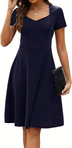 Women's Elegant Vintage Summer Sweetheart Neck Short Sleeve Casual Work Party Business A-Line Dress 163 in Saudi Arabia