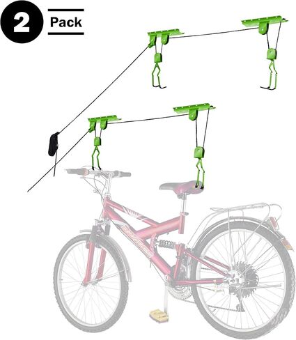 Bike Hanger Set - Set of 2 Overhead Pulley System Bike Hangers for Garage or Shed with 100lb Capacity for Bicycles or Ladders by Rad Sportz (Green) in Saudi Arabia