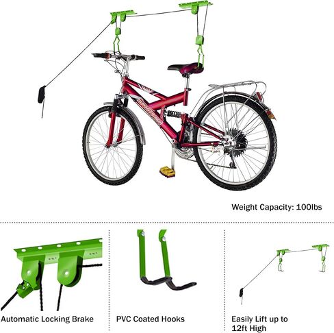 Bike Hanger Set - Set of 2 Overhead Pulley System Bike Hangers for Garage or Shed with 100lb Capacity for Bicycles or Ladders by Rad Sportz (Green) in Saudi Arabia
