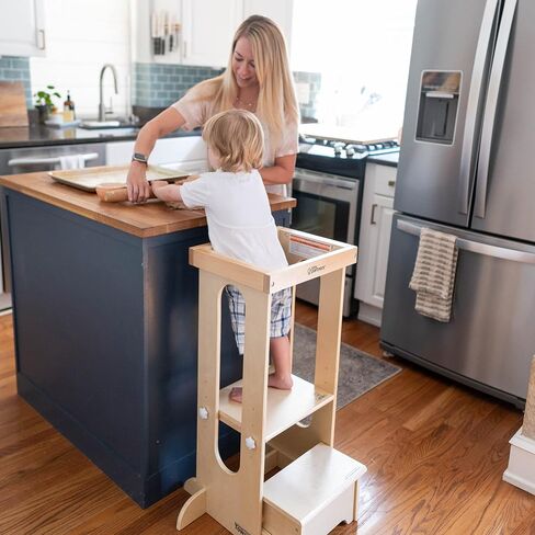 Little Partners Foldable Toddler Tower, Learning Tower Explore 'N Store Montessori Standing Kitchen Tower with Folding Step Stool Platform for Cooking and Learning, Ages 2+ (Soft White) in Kuwait