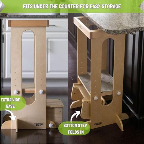 Little Partners Foldable Toddler Tower, Learning Tower Explore 'N Store Montessori Standing Kitchen Tower with Folding Step Stool Platform for Cooking and Learning, Ages 2+ (Soft White) in Kuwait