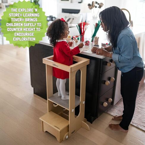 Little Partners Foldable Toddler Tower, Learning Tower Explore 'N Store Montessori Standing Kitchen Tower with Folding Step Stool Platform for Cooking and Learning, Ages 2+ (Soft White) in Kuwait