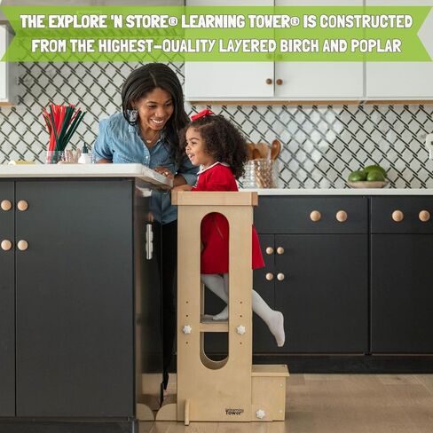 Little Partners Foldable Toddler Tower, Learning Tower Explore 'N Store Montessori Standing Kitchen Tower with Folding Step Stool Platform for Cooking and Learning, Ages 2+ (Soft White) in Kuwait