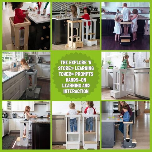 Little Partners Foldable Toddler Tower, Learning Tower Explore 'N Store Montessori Standing Kitchen Tower with Folding Step Stool Platform for Cooking and Learning, Ages 2+ (Soft White) in Kuwait