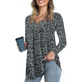 Zyyfly Womens Long Sleeve Tunic Tops Loose Fit Henley Shirt Pleated Button Down Blouse for Leggings