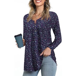 Zyyfly Womens Long Sleeve Tunic Tops Loose Fit Henley Shirt Pleated Button Down Blouse for Leggings