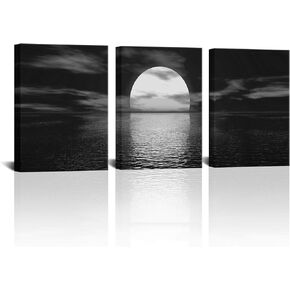 SkenoArt 3 Piece Black and White Bathroom Canvas Wall Decor Ocean Under Moonlight Painting Print Full Moon Seascape Picture Artwork for Home Bedroom Living Room Wall Decor Easy to Hang 12"x16"x3 PCS