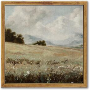 KUVIOKE Vintage Framed Landscape Canvas Wall Art Grassland Classic Wall Prints Modern Farmhouse Kitchen Bathroom Office Decor - 8"x8" Natural Framed