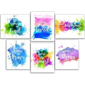 FALJIOK 6Pcs Watercolor Wall Art, Inspirational Quotes Wall Decor for Home Room Bedroom, You are Smart You are Kind Poster, Colorful Wall Decor Gifts for Women Kids Girl, 8 X10" Unframed
