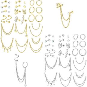 20G Cartilage Earrings Set For Women Men Stainless Steel Flatback Cartilage Stud Earrings Chain Dangle Cartilage Helix Tragus Piercing Jewelry