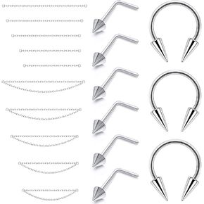 Lcolyoli Nose Chain Piercing Across Nose Rings for Women Men Surgical Steel Spike Nose Studs with Chain Nose Rings Stud Double Nose Piercings Long Spike Septum Rings Nostril Piercing Jewelry