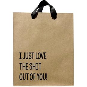 FarmedandFashioned Funny Novelty Gift Bag, I Just Love The Shit Out Of You Medium Size Kraft Gift Bag With Black Ribbon Handles, Gift Bag For Adults