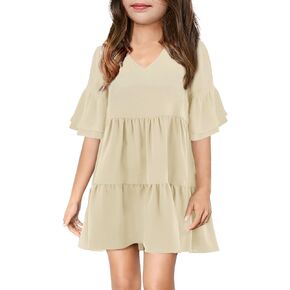 Batermoon Girls Summer Dress Ruffle Sleeve V Neck Tunic Dresses for Teens Loose Casual Flowy Swing Dress