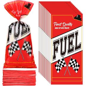 Teling 100 Pcs Race Car Fuel Can Popcorn Treat Bags Racing Car Cellophane Candy Cookie Snacks Bags with Twist Checkered Flag Themed Decorations Birthday Party Supplies