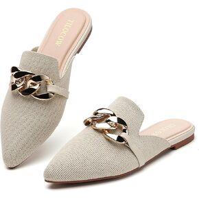 Tilocow Pointed Toe Mules for Women Flats Comfortable Chain Decor Backless Loafers Slip On Business Casual Shoes Summer Flat