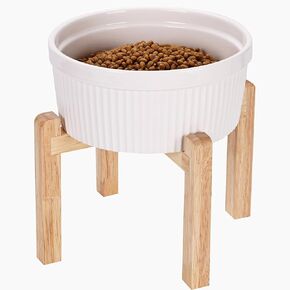 64 oz Raised Dog Bowls with Wooden Stand, Ceramic Pet Food Bowl for Medium Large Breed (White)