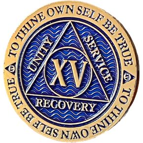 RecoveryChip 15 سنة AA ميدالية مغبرة اللون الأزرق مطلية بالذهب رقاقة XV