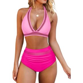 OMKAGI Women Mesh High Waisted Bikini Set Sexy V Neck Tummy Control Swimsuit Bathing Suit