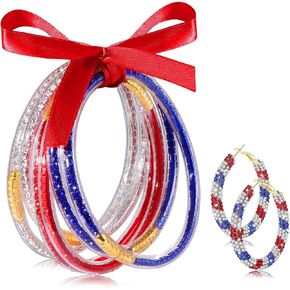 FAERLIIRY Mardi Gras Bracelets Glitter Jelly Bangles Glitter Filled Jelly Silicone Bracelets for Women Girls Bracelets Set for Buddha Girl Waterproof Purple Green Gold Bangles Set