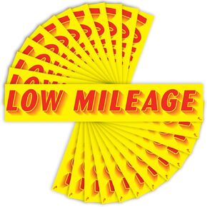 Versa Tags Dealership Stickers 12 Pack of Low Mileage Stickers Car Lot Windshield Slogan Decals RV Truck Auto Dealer Window for Low Mileage Stickers Red On Yellow
