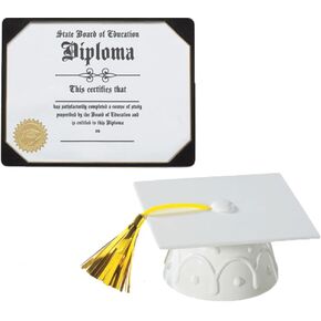 White Plastic Graduation Cap Cake Topper with Graduation Diploma Layon