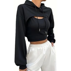 Hilinker Women's Long Sleeve Cropped Hoodie Workout Drawstring Super Crop Tops without Camisole