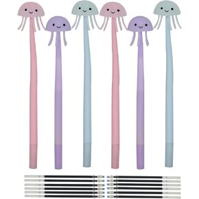 6PCS Novelty Jellyfish Pens Wiggle Luminous Gel Pens Soft Silicone Rollerball Pens With12 Pieces Refills Black Ink 0.5mm For School Office Home Stationery Store