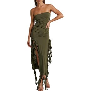 Mirteron Womens Fitted Bandeau Strapless Asymmetric Thigh Splits Frills Ruffle Ruched Bodycon Midi Dresses