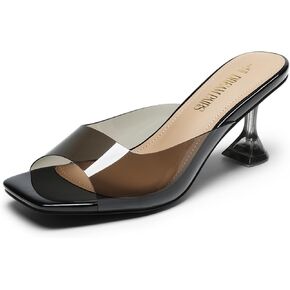 DREAM PAIRS Women’s Clear Heels Square Toe High Stiletto Mules Slip on Wedding Dress Heel Sandals