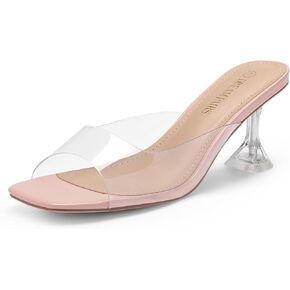 DREAM PAIRS Women’s Clear Heels Square Toe High Stiletto Mules Slip on Wedding Dress Heel Sandals