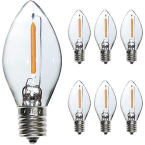 6 Pack C7 Small LED Bulb Warm White 0.5W Equals 5W,Filament Edison Bulb, E12 Candelabra Base Vintage Clear Glass Candle Light Bulb for Night Light Outdoor Indoor String Lights