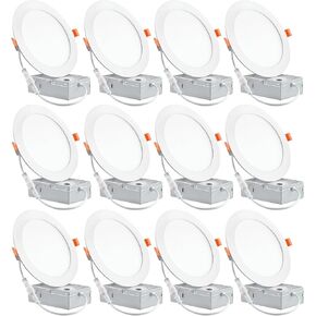 12 Pack recessed lighting 6 inch,led ceiling lights 6 inch with Junction Box, 6500K Daylight, 12W 110W Eqv, Canless Wafer Downlight, 1050LM High Brightness ,Easy to install Can-Killer Downlight