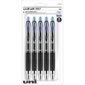 Uniball Signo 207 Blue Retractable Gel Pens 5 Pack with Medium 0.7mm Points, Uni-Ball Click Pens are Fraud Proof and the Best Office Pens, Nursing Pens, Business Pens, School Pens, and Bible Pens
