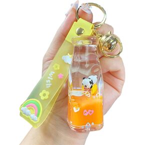 Cute Floating Panda Backpack Car Key Pendant Kids Girls Women Acrylic Bag Wallet Liquid Keyring