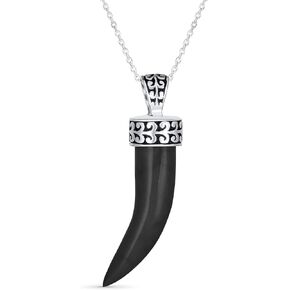 Protection Amulet White Black Onyx Blue Turquoise Jade Gemstone Cornicello Italian Horn Tooth Pendant Necklace Western Jewelry For Women Men Oxidized .925 Sterling Silver