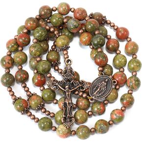 Nazareth Store Unakite Agate Stone Beads Rosary Antique Silver Necklace Metal Caps Glory Beads Miraculous Medal and Jesus Crucifix