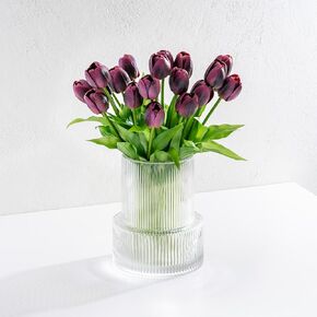 Laurel&Vine Quality Ribbed Glass Vase Set with 20 Realistic Pink Artificial Tulips Flowers. Modern Fluted Clear Vase with Faux Tulips. Entryway Living Room, Dining Table, Shelf, Office Decor Wedding