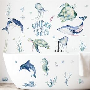 Sea Turtle Dolphin Octopus Whale Seahorse Wall Stickers, sacinora Marine Animals DIY Art Wall Decals Removable Vinyl Peel and Stick for Nursery Living Room Bedroom Bathroom Children's Room Decorations