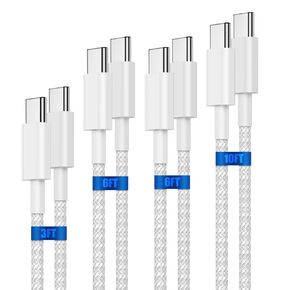 كابل USB C إلى USB C 4 حزم [3/6/6/10FT]، كابل شحن سريع مجدول iPhone 15 بقدرة 60 وات، سلك طاقة شاحن من النوع C لهاتف iPhone 15/15 Pro/15 Plus/15 Pro Max، iPad Pro 2022/ الهواء 5، سامسونج