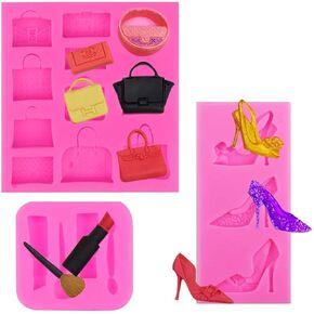 3 Pack Handbag Clutch Bags Purses High-heel Shoes Silicone Molds Makeup Design Candy Chocolate Molds Gum Paste Keychain Molds